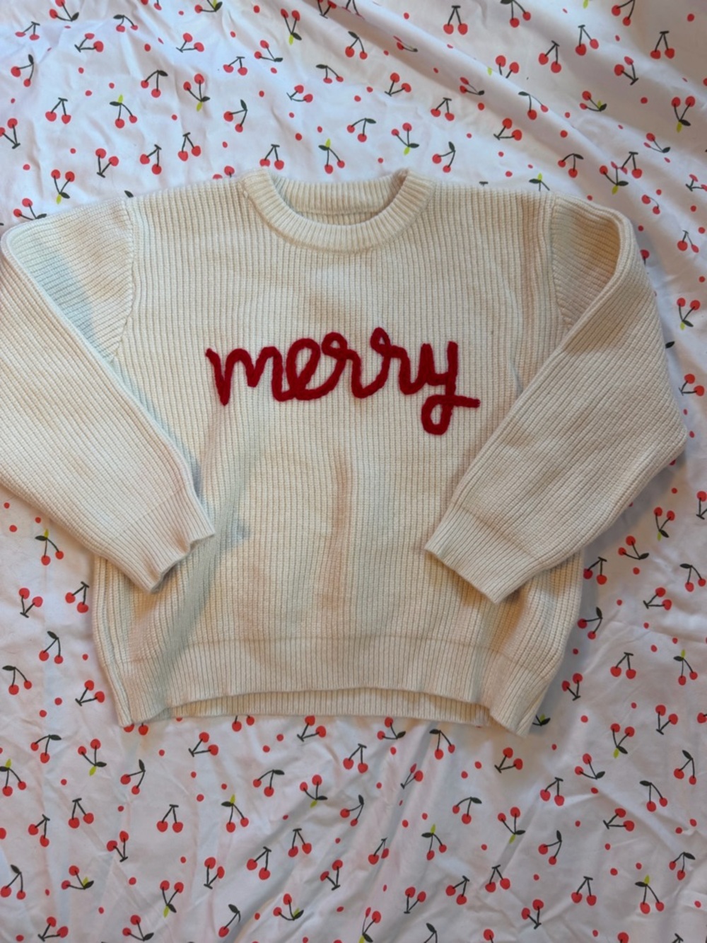 SHEIN Cream Knit Sweater with Red 'merry' Embroidery